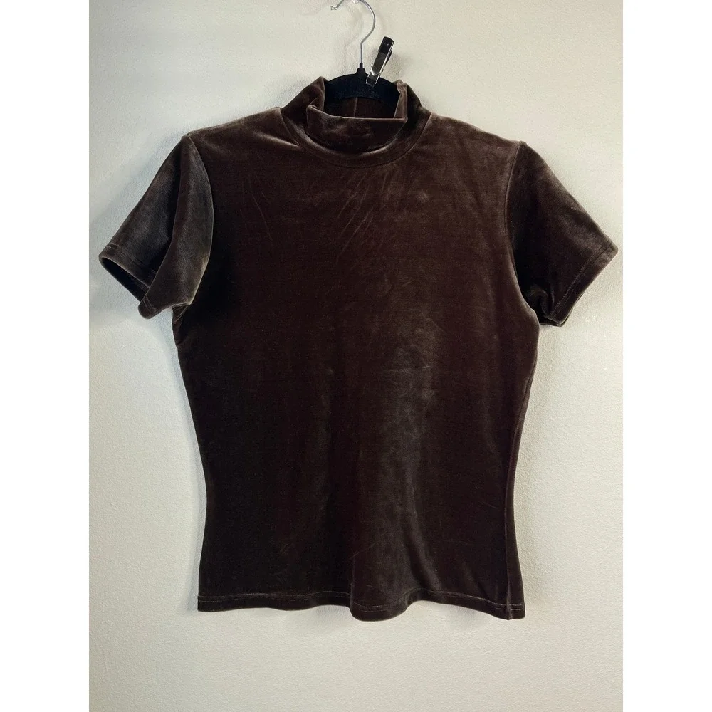 Sostanza Top Brown Velvet Mock Neck Short Sleeve Vintage 90s Stretch Medium
